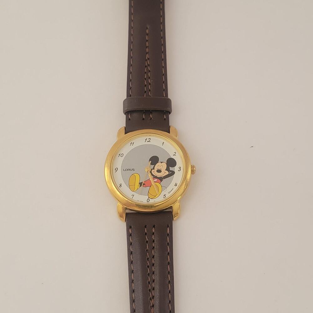 Lorus Mens Watch Gold Case White Dial Brown Leather Strap Quartz Mickey